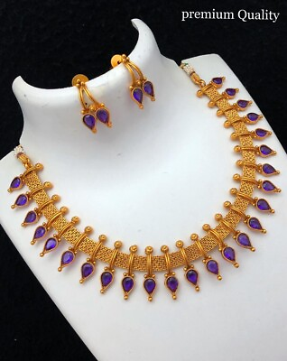#ad Indian Bollywood Style Gold Plated Kundan Choker Necklace Purple Jewelry Set $26.99