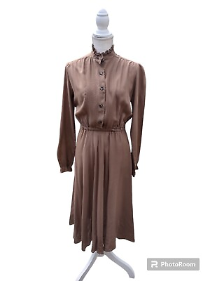#ad TRUE VINTAGE Women#x27;s Midi Dress Brown Long Sleeve 70s High Neck Secretary** $20.00