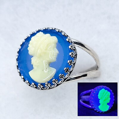 #ad Sterling Cameo Uranium Glass Ring Size 9.5 Vintage Czech 925 Silver $129.00