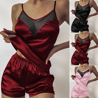 #ad Women Sexy Satin Silk Pajamas Lingerie Mesh Sheer Cami Vest Shorts Sleepwear Set $12.32