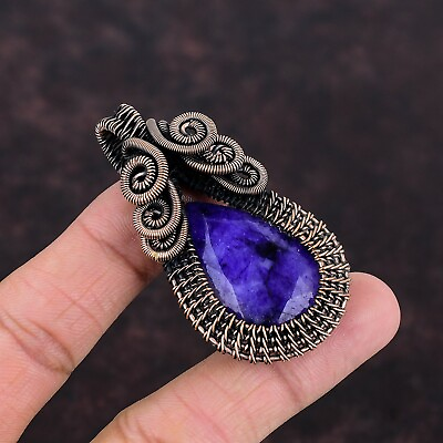 Women Day Gift Blue Sapphire Wire Wrapped Pendant Copper Jewelry For Women 2.44quot; $25.20