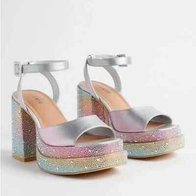 #ad Torrid 8 WW Pride Double Platform Heel Sandal Crystal Embellished Rainbow Wide $59.47