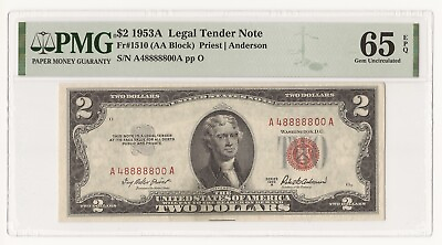 #ad 1953 A Red Seal $2 UNITED STATES NOTE PMG 65 EPQ Neat Trinary Serial 800A KLN $149.59