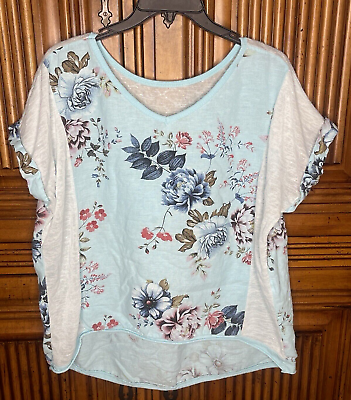 #ad Made in Italy Womens Large Blue Floral Hi Lo Round Hem Flowers Spring Pastel $17.48