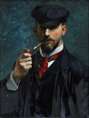 #ad Pipe Smoking Man 40 x 30 in Rolled Canvas Art Print Vintage Male Oil Painting $79.00