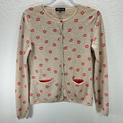 #ad Estheme Cachmire Beige Red Kiss Print All Over Cardigan Sweater Cashmere Sz M $79.99