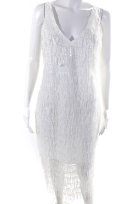 #ad Saylor Womens Sequin Fringe V Neck Sleeveless Zip Up Dress White Size S $42.69