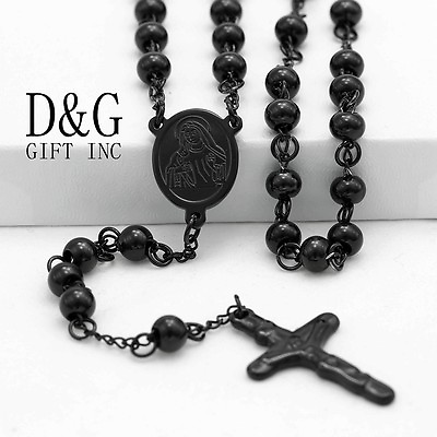 #ad DG Stainless Steel 26quot; Black Beaded Rosary VIRGIN MARYJESUS CROSS Necklace*BOX $17.99