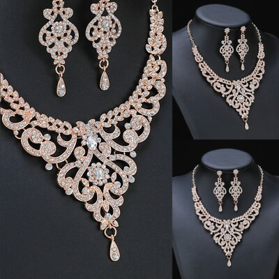 #ad Sparkling Rhinestone Jewelry Sets Alloy Necklace Dangle Earring Bridal Choker GBP 8.60