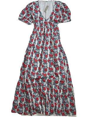 #ad NWT J.Crew V neck Maxi in Ivory Cerise Poppy Print Floral Cotton Tiered Dress S $72.00