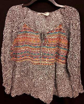 #ad Savanna jane black floral embroidered notch neck long sleeve stretch top 2X $13.99