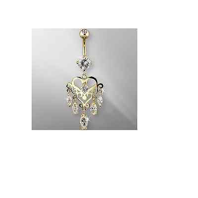 #ad BodyJewelryOnline Navel Ring Marquise CZ Dangle Heart Chandelier Yellow 14k Gold $248.94