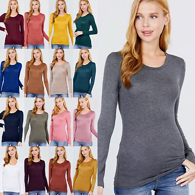 #ad Round Neck Long Sleeve Rayon Spandex Soft Stretch T Shirt Top Layering Tee T1489 $11.45