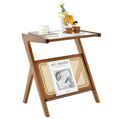 #ad Accent Bamboo Living Room End Table Bedroom Glass Top Nightstand W Magazine Rack $53.97