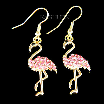 #ad Pink Flamingo Bird made with Swarovski Crystal Gold Tone Dangle Earrings Jewelry $47.00