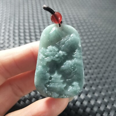 #ad Certified Blue Green Natural A Jadeite Carved Pendant Landscape Painting #3055 $12.75