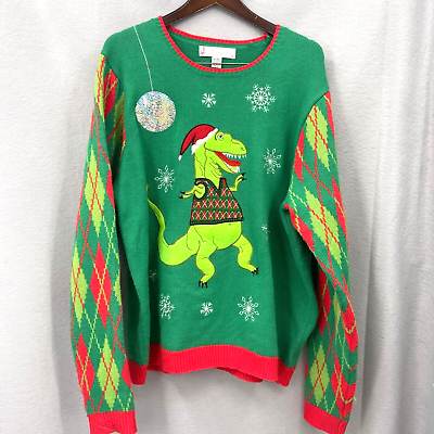 #ad Jolly Sweater Holiday Mens XL Ugly Christmas Dinosaur Long Sleeve Crew Knit READ $19.95