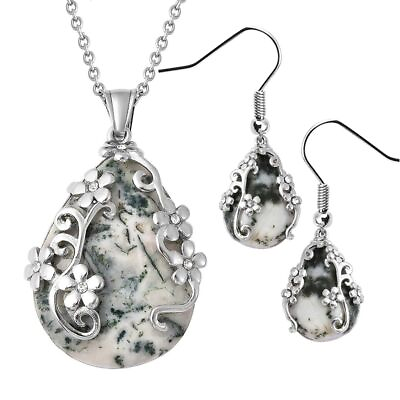 #ad #ad White Crystal Floral Jewelry Set for Women Dendritic Agate Earrings Necklace 20quot; $15.59