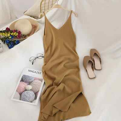 #ad V Neck Solid Knitted Dresses Casual All Match Dress Elegant Vestidos New Clothes $21.68