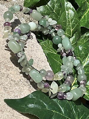 #ad Vintage Green Purple Jade Peking Glass Bead Bracelet Jewelry $17.89