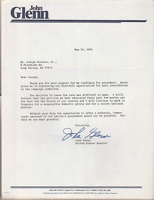 #ad John Glenn Thank You Letter For Support In Presidential Campaign May 30 1984 $99.94