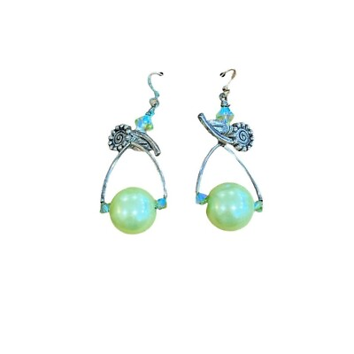 #ad Whimsical Silver Tone Green Floral Dangle Pierced Earrings $17.00