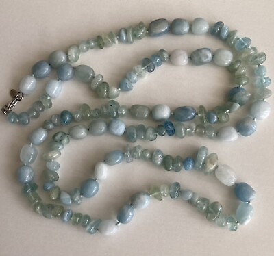 #ad Aquamarine Knotted Necklace 40” Strand Sterling Silver 925 Lobster Clasp 103g $115.00
