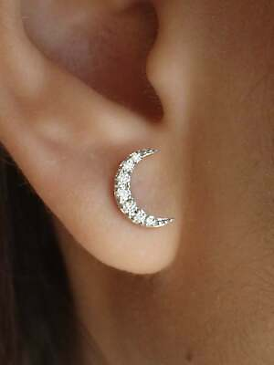 #ad 14K White Gold 1.3Ct Round Cut Lab Created Diamond Stud Half Moon Lady Earrings $145.00