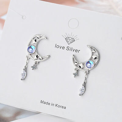 #ad 925 Sterling Silver Moon Moonstone Crystal Stud Earrings Women Charm Jewelry $7.51