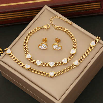 #ad New crystal heart Women#x27;s stainless steel earrings bracelet necklace jewelry set $11.99