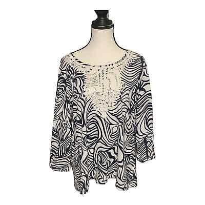 #ad Chico#x27;s Womens Embroidered Top Pullover 3 4 Sleeve Boat Neck Black amp; White Large $22.49