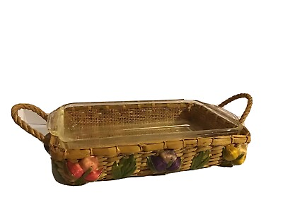 #ad Fire King Clear Baking Dish Decorative Raffia Veggie Theme Basket #410 Vintage $7.44