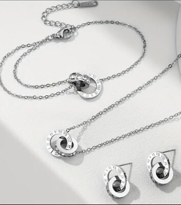#ad Stainless Steel Women#x27;s Set 3 Pieces Silver Earrings Necklace Bracelet $13.99