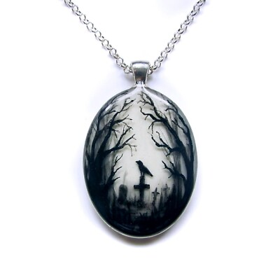 #ad Raven Cemetery Oval Pendant Necklace Witch Gothic Halloween Crow Jewelry Charm $9.95