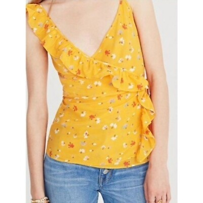 #ad Madewell Wrap Tie Top Womens 0 Floral Wrap Tie Floral Mustard Yellow Silk NWT $18.20