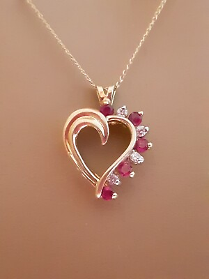 #ad 14K Solid Gold Heart Pendant Diamonds and Rubies 14K Chain 18quot; Total 3.4 grams $249.95