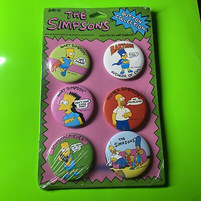 #ad Vintage The Simpsons Pinback Button Collection 6 Pins Sealed Bart Homer TV $6.97