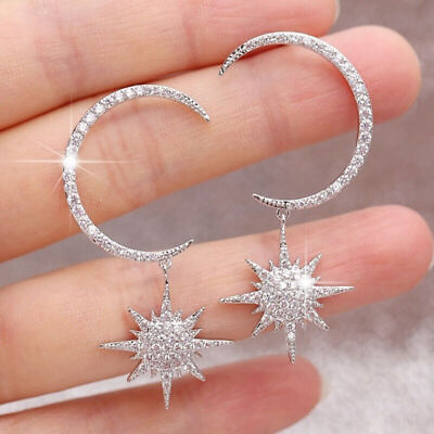 #ad 925 Silver Plated Sun Moon Star Dangle Drop Earrings Women Jewelry Simulated $3.99