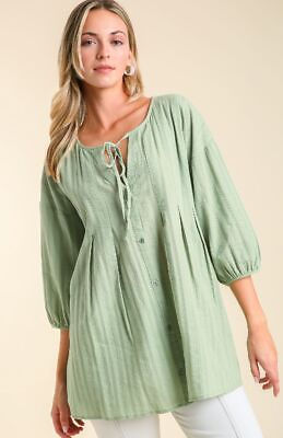 #ad New Umgee S M Pastel Green Button Front Box Pleats Texture Cotton Long Tunic Top $26.95