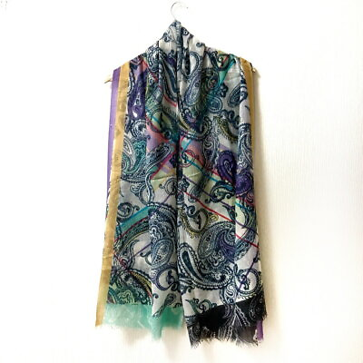 #ad ETRO scarf shawl 186cm 73″ 72cm 28″ rectangle Paisley cashmere ivory navy $168.00