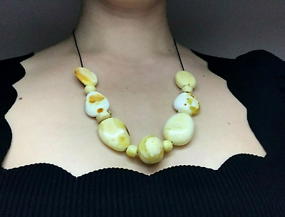 #ad Baltic AMBER NECKLACE Gift Yellow White Milky AMBER Beads on Black Cord 30g15365 $161.19