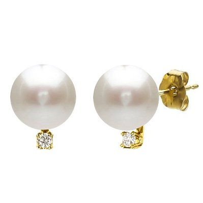 #ad Pearl 14k Yellow Gold Earrings 1 10 Ctw Diamond 8 9mm White Round Freshwater $194.99