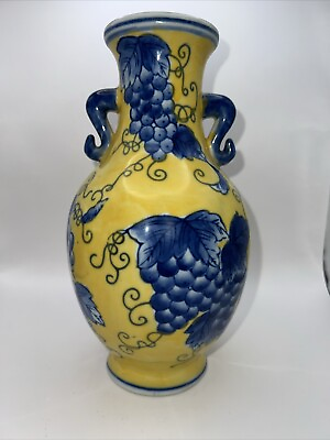 #ad Vintage Yellow And Blue Ceramic Vase With Grapes amp; Leaves 9”T $15.00