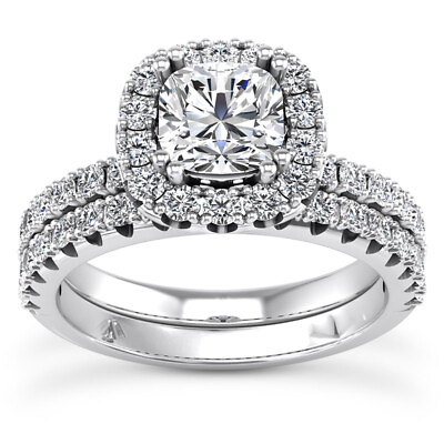 #ad Halo Pave 2.10 Carat H VS2 Cushion Cut Diamond Engagement Ring Set White Gold $5937.25