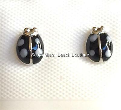 #ad Silver Ladybug Earrings Lady Bug Black White Enamel Post Plated USA Seller $5.99