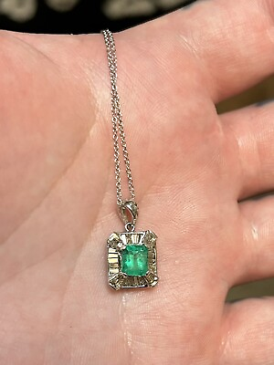 #ad #ad 14kt White Gold 1.5 CT Colombian Emerald And 1.5 CT Diamond Necklace $1999.00