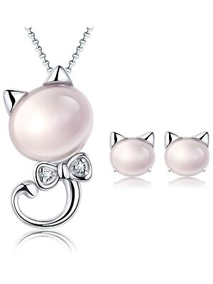 #ad 925 Sterling Silver Women Jewelry Sets Pink Opal Cat Necklace Earrings Stud Gift $8.51