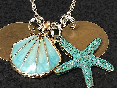 #ad Beach Theme Sea Shell Gold amp; Teal Starfish Charm Tibetan Silver 18quot; Necklace B20 $3.99