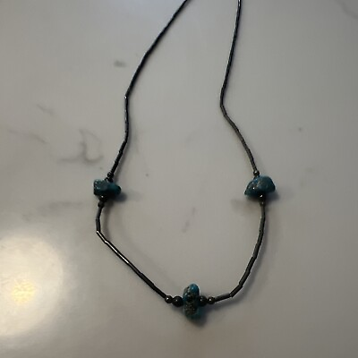 #ad Liquid Silver Necklace Turquoise Nugget And Sterling Beads Ethnic Southwestern $18.95