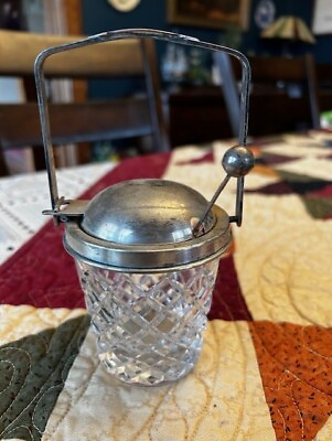 #ad Antique Silver Cut Glass Jelly Jam Jar w Spoon $29.99